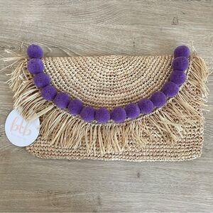 BTB Los Angeles Sera Pom Pom Raffia Clutch Colorful Vacation Beach Coastal
